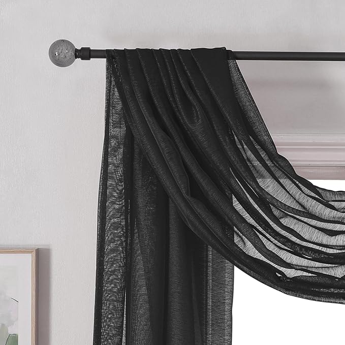 DONREN Jet Black Window Scarf Curtains for Outdoor Decoration - Add Luxury Beautiful Elegant Effect to Curtain Panels (1 Panel, 52 x 216 Inches Long)
