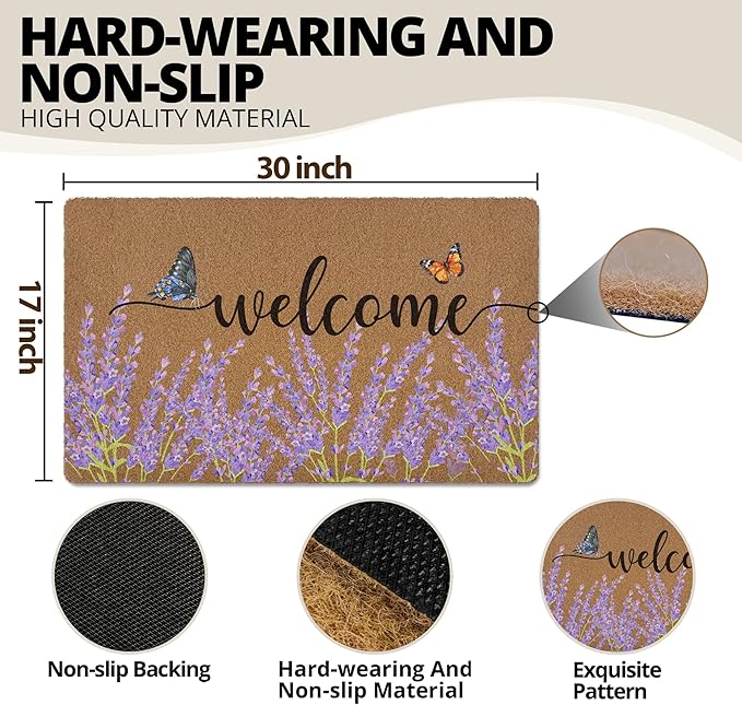Lavender Floral Welcome Door Mat, Rustic Floral Butterfly Welcome Front Door Mat Indoor Outdoor Entrance, Purple Flower Artificial Coir Doormats Rugs for Porch Entryway Decor 30x17in