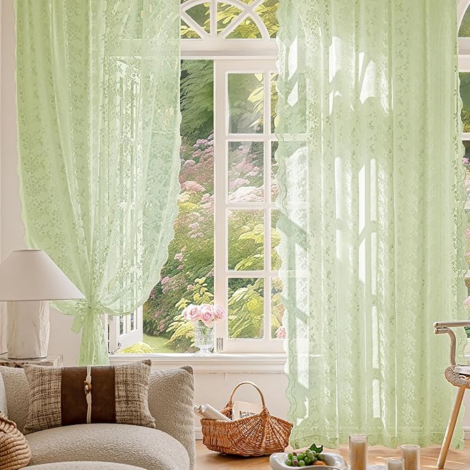 Anmao Vintage Lace Curtains 80 Inches Long 2 Panels, Romantic Semi Sheer Floral Lacy Curtain for Living Room, Elegant Window Drapes for Bedroom, Each Panel 55W x 80L, Light Green