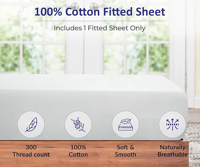 ROYALE LINENS 300 Thread Count 100% Long Staple Combed Cotton Fitted Sheet King - Super Soft Deep Pocket Bottom Sheet - Fitted Sheets Only - Elastic Sheets (King, White)