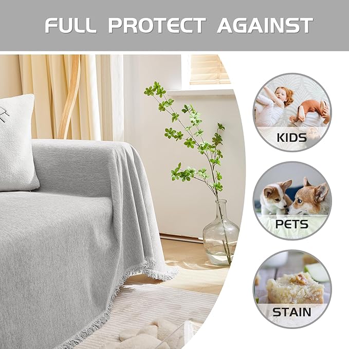MEETSKY Grey Sofa Cushion Covers Sofa Covers Dog Couch Cover for Sofa Chenille Couch Sofa Slipcover for Pets Sofa Cover Thick Washable Sectional Slip Covers for Sofas/Couches, 91" x 150", Light Grey