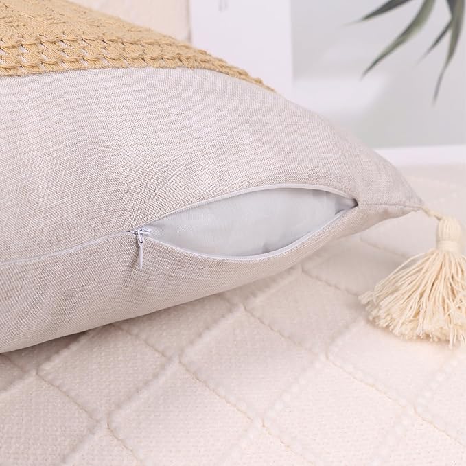 Boho Throw Pillow Covers 18x18in Set of 2,Beige Neutral Pillow Case with Tassel for Large Couch Sofa Room Home Indoor Outdoor Holiday Decorations