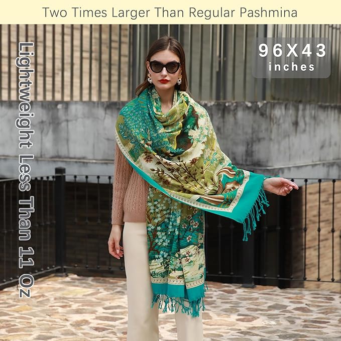 DANA XU 100% Merino Wool Extra Large Pashmina Blanket Travel Scarf Cashmere Wrap for Women Fall Winter Oversize Shawl Floral