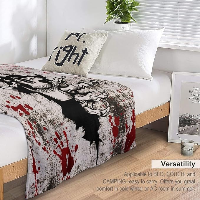 Horror Skull Throw Blanket, Halloween Day of The Dead Vintage Gothic Scary Blood Hand Soft Warm Fleece Blanket for Bed Couch Living Room All Season, 30"x40"