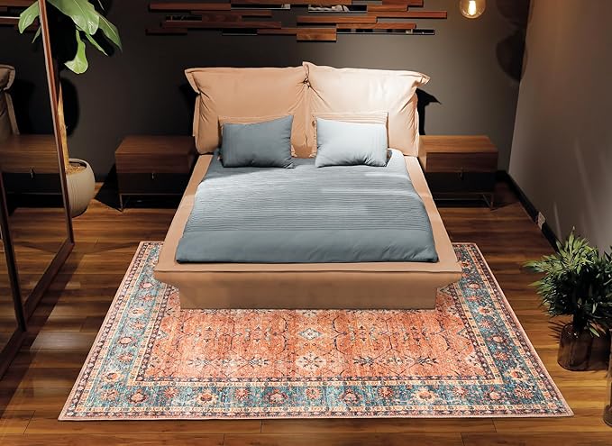 Bloom Rugs Washable Non-Slip 9' x 12' Rug - Orange/Teal Blue Traditional Bordered Area Rug for Living Room, Bedroom, Dining Room, and Kitchen - Exact Size: 9' x 12'