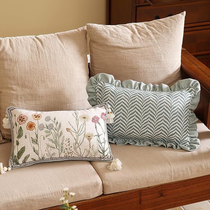 ISAENNE Design Linen Throw Pillow Covers 12"x20" Pack of 2, Rectangle Minimalist Cushion Covers with Powder Blue Chevron Leaves Pattern Decoration Pillowcases for Bed,Living Room,Outdoor,Car