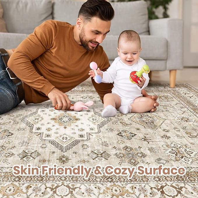 Vintage Living Room Area Rug 8x10 - Large Soft Washable Oriental Traditional Distressed Farmhouse Rugs for Bedroom - Indoor Floor Accent Carpet for Home Office House Decor - Beige