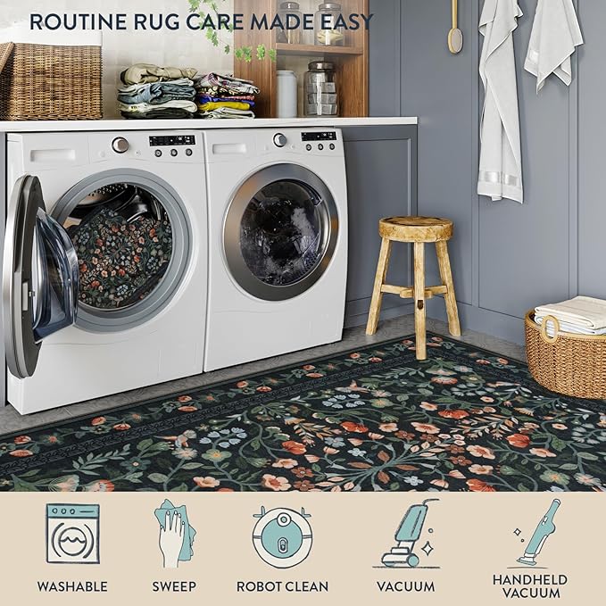 Lahome Floral Washable Area Rugs 8x10, Non-Slip Living Room Carpet Soft Tumble Washable Rugs for Bedroom Nursery, Vintage Botanical Print Carpet for Classroom Kids Room Dining Room, Black