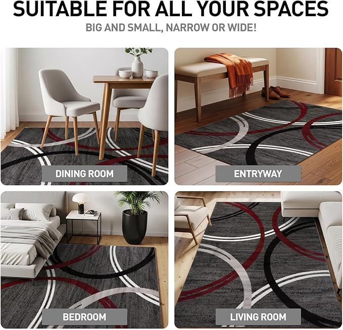 Rugshop Modern Wavy Circles Design Non-Shedding Area Rug, Carpet for Bedroom or Living Room, Red, 4' x 6'