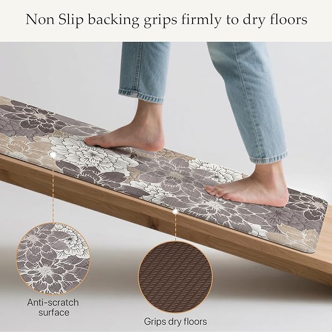 GENIMO Kitchen Mats for Floor 2PCS, Cushioned Anti Fatigue Kitchen Rugs Floral Patterns Mat 23.6"x71", CoffeeBrown
