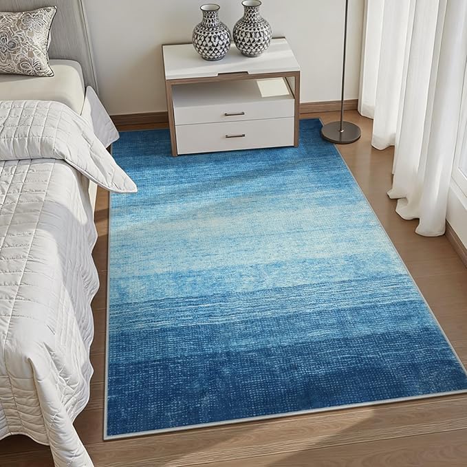 Wonnitar Ombre Blue Area Rug 3x5, Washable Modern Entry Rugs Soft Contemporary Rug for Boys Bedroom, Non-Slip Stain Resistant Bathroom Throw Carpet for Kitchen Dorm (Blue, 3'x5')