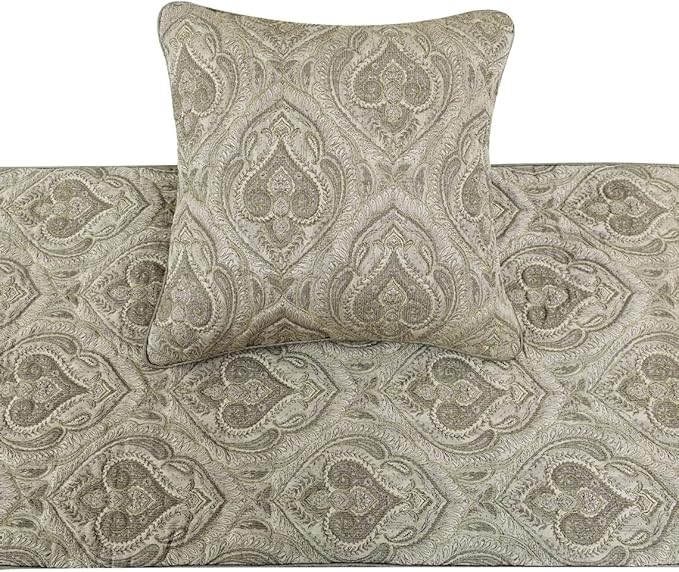 The HomeCentric King/Queen/Twin Grey Decorative Queen 74"x18" Bed Runner Without Pillow Cover, Quilted, Damask& Gold Zari Embroidery Bed Scarf on Silk Fabric - Winifred