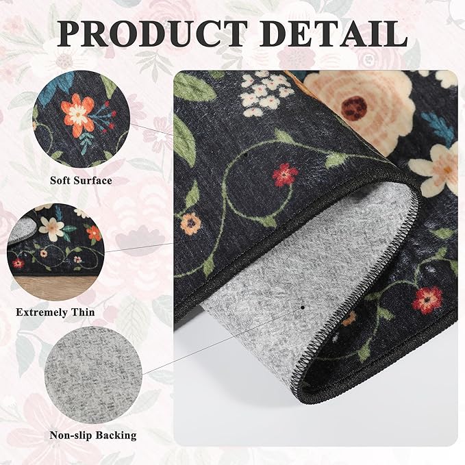 DUKINO 2x4 Rug for Entryway, Washable Kitchen Floral Runner Rug with Non Slip Backing, Low Pile Soft Boho Carpet for Kitchen, Hallway, Entryway, Laundry, Bedroom, Black