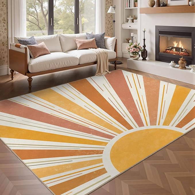 Outdoor Indoor Area Rug Boho Sun Washable Outdoor 8x10 Patio Rugs Medieval Aesthetic Vintage Abstract Art Non-Slip Carpet for Living Room, Patio, Porch, Pool Deck (8x10)