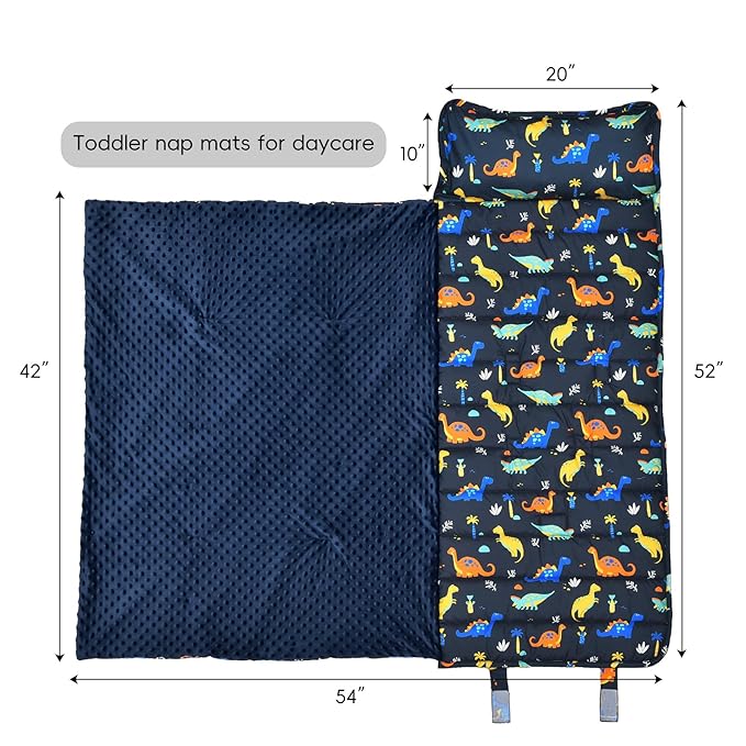david's kids Toddler Nap Mat with Removable Pillow and Minky Fleece Blanket, Ultra Soft Slumber Bags for Boys, Perfect for Preschool, Daycare, Kids Sleeping Bags with Rollup Design, 50"x20", Dinosaur