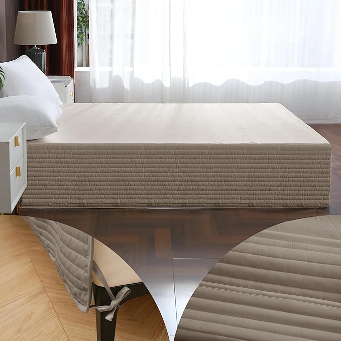 Queen Bed Skirt-Box Spring Cover with 14 Inch Tailored Drop,Wrinkle and Fade Resistant Hotel Wrap Around Bed Skirts,Bed Frame Cover (Horizontal Stripe Light Khaki, Queen)