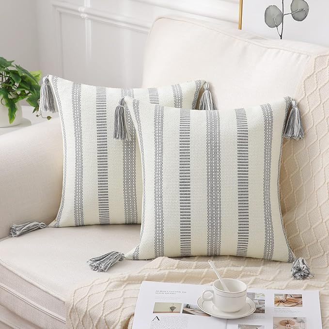 Smile Bee Boho Outdoor Couch Throw Pillow Covers Set of 2 Decorative Thick Woven Striped Accent Neutral Pillow Covers with Tassels for Bed Sofa Home Decor 20x20 Inch, Grey and Cream White