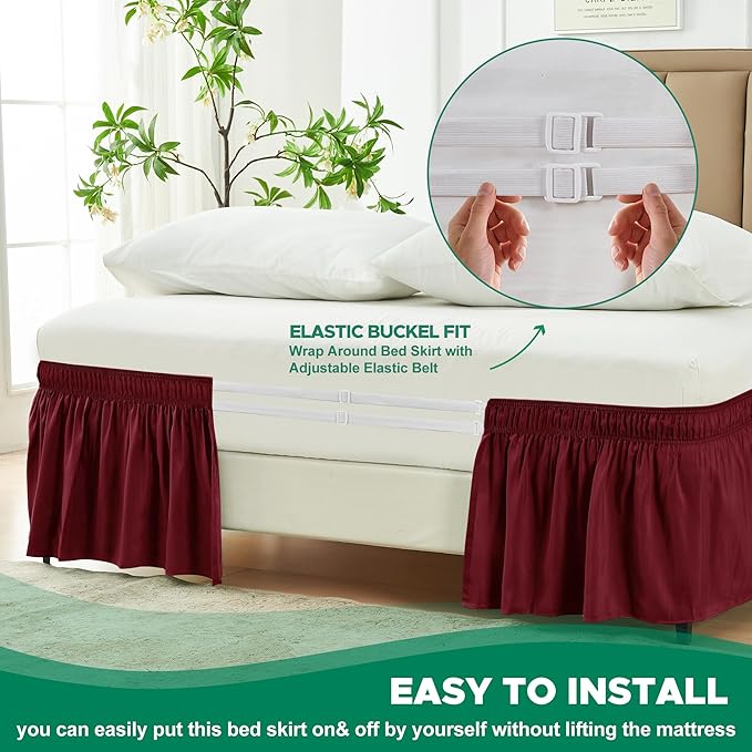 Biscaynebay Wrap Around Bed Skirts for Queen Size Beds 18" Drop, Burgundy Adjustable Elastic Dust Ruffles Easy Fit Wrinkle Resistant Silky Luxurious Fabric Machine Washable