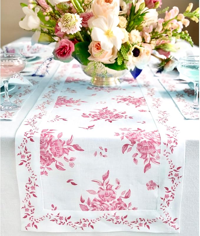 Solino Home Pink Floral Print Table Runner 120 Inches Long - 100% Pure Linen Table Runner 14 x 120 Inch - Handcrafted and Machine Washable - Jolie Fleur Print