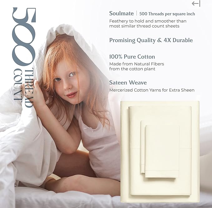 Mayfair Linen 100% Cotton Bed Sheets Queen Sheet Set - 500 Thread Count Sheets Queen Size 4 PC Set (Ivory), Soft, Cooling, Hotel-Quality 16" Deep Pocket Sateen Cotton Bedsheet for Hot Sleepers