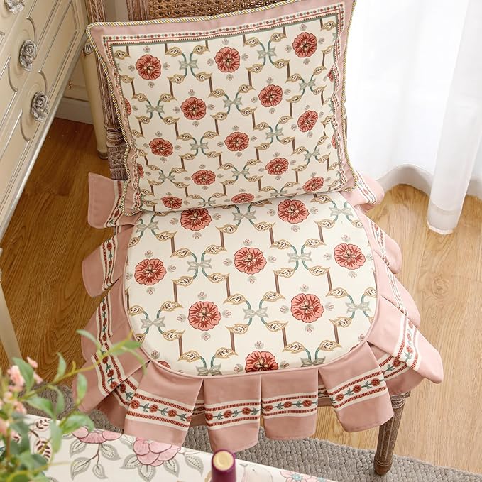 patdrea Pack of 2 Chair Cushions for Dining Chairs with Ruffled, Pink Floral Bird Seat Cushion with Ties,Non Slip Chair Pads Decor for Bar Stool Cushions, Indoor Kitchen Chairs, 17.7"x17.7"