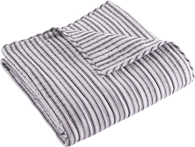 Levtex Home - Tobago Stripe Charcoal - Quilted Throw - 50x60in. - White, Charcoal - Reversible Pattern - Cotton Fabric