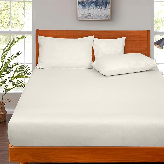 ROYALE LINENS 300 Thread Count 100% Long Staple Combed Cotton Fitted Sheet King - Super Soft Deep Pocket Bottom Sheet - Fitted Sheets Only - Elastic Sheets (King, Cream)