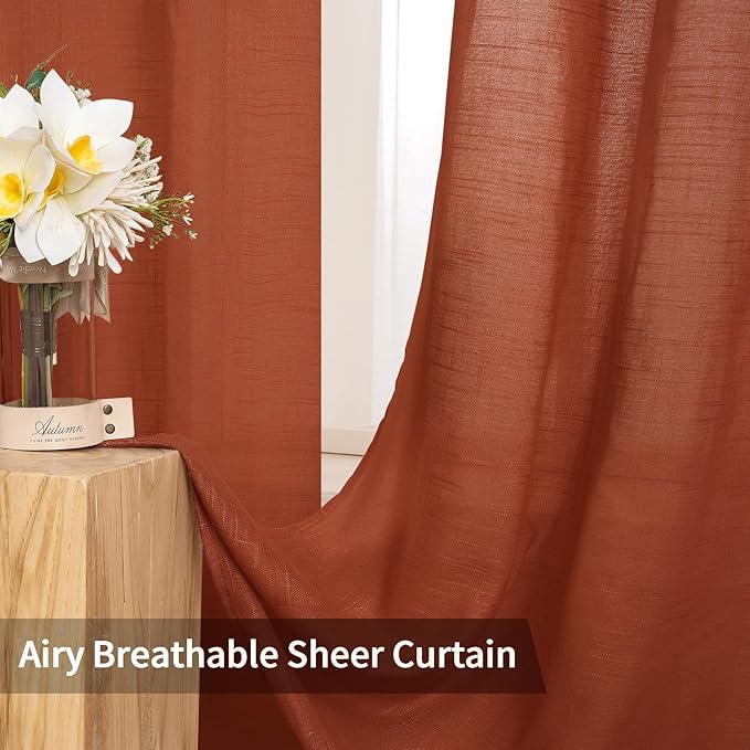 MIULEE Burnt Orange 2 Panels 90 Inch Long Farmhouse Linen Sheer Window Curtains Elegant Terracotta Rust Fall Autumn Drapes Grommet Top Linen Textured Voile for Bedroom Living Room (52 X 90 Inch)