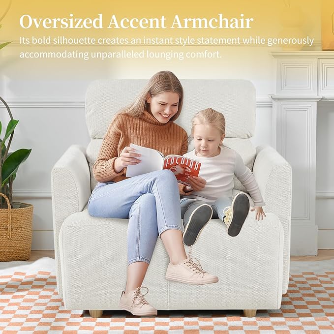 Modern Oversized Accent Chair with Storage Ottoman & Side Pillows, Snowflake Fleece Upholstered Chaise Lounge Chair, Deep Seat Reading Chair for Living Room, 350lbs Capacity