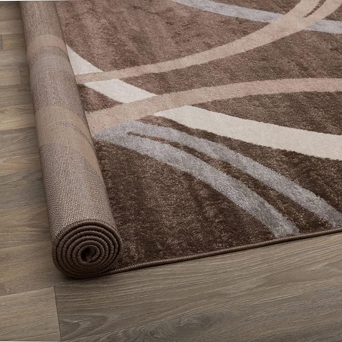 Rugshop Modern Wavy Circles Design Round Rug, Carpet with Jute Backing for Dining Room, Bedroom, or Living Room, Brown, 6'6" Round