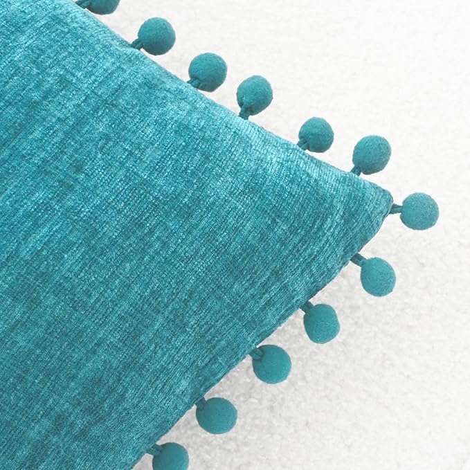 CaliTime Throw Pillow Covers Decorative 22 X 22 Inches Pack of 2 Cozy Solid Dyed Soft Chenille Cushion Cases with Pom Poms for Couch Sofa Bed Living Room Home Lake Blue