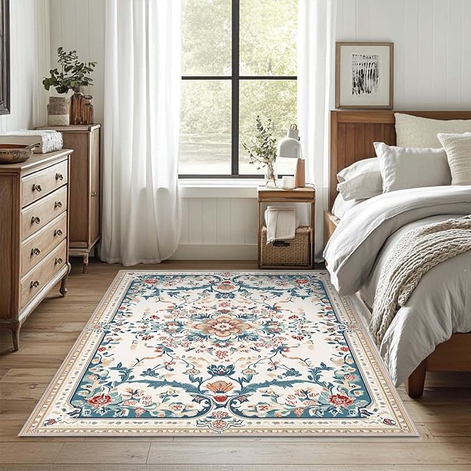 4x6 Boho Area Rug Beige Oriental Rug Non Slip Low Pile Large Carpet for Home Kitchen Living Room Bedroom Dining Room Office