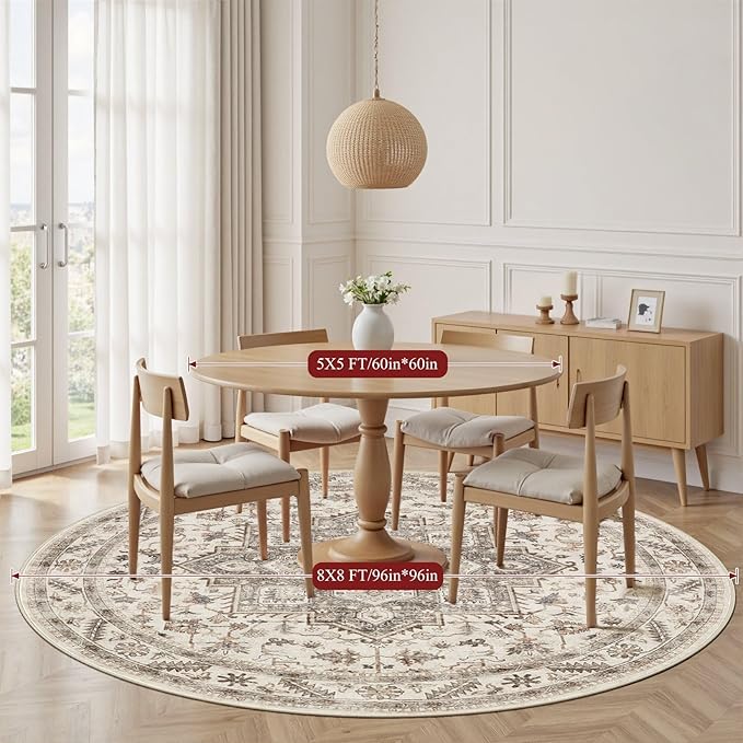 8ft Round Vintage Living Room Area Rug - 8x8 Large Soft Washable Oriental Traditional Distressed Farmhouse Rugs for Bedroom - Indoor Floor Accent Carpet for Home Office House Decor - Light Brown