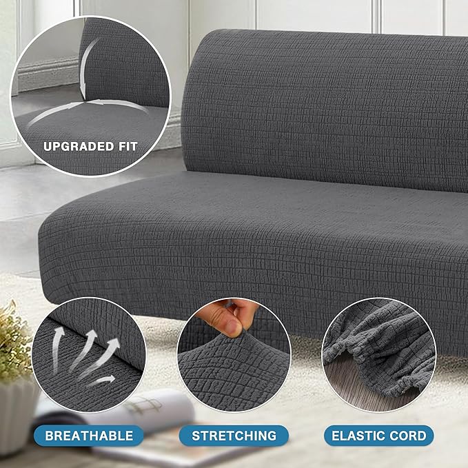 H.VERSAILTEX 100% Waterproof Armless Futon Cover, Armless Sofa Cover Stretch Jacquard Couch Cover for Futon, Dual Waterproof Sofa Cover, Leakproof Furniture Protector for Pets, Grey