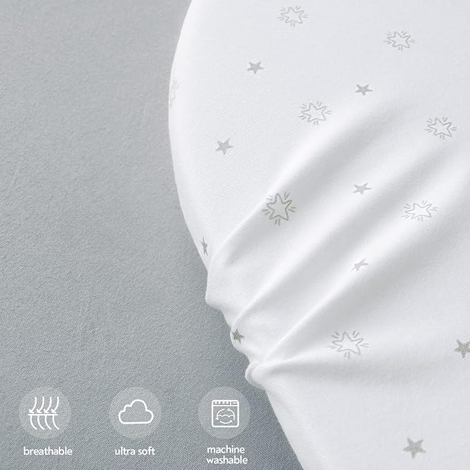 Bassinet Sheets 2 Pack, Compatible with 4moms Breeze Plus Bassinet (not playard), Fit for 23" x 28" Bassinet Mattress Pad, Ultra Soft & Super Stretchy, Baby Boy/Girl, Grey & White Star