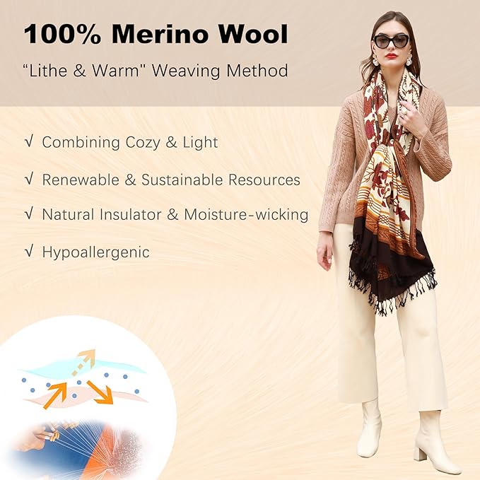 DANA XU 100% Merino Wool Pashmina Shawl for Women 96"x43", Oversized Cashmere Wrap with Tassels, Floral Travel Blanket Cape