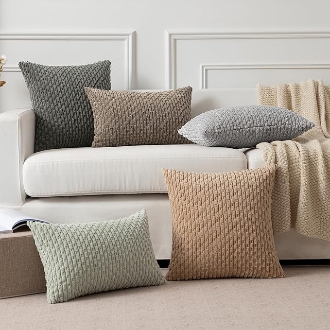 Kevin Textile 12x20 Inch Pillow Cover 1 Pack Boho Decorative Soft Striped Corduroy Lumbar Farmhouse Color Accent Rectangle Cushion Case for Living Room Couch Sofa Bed, Light Brown