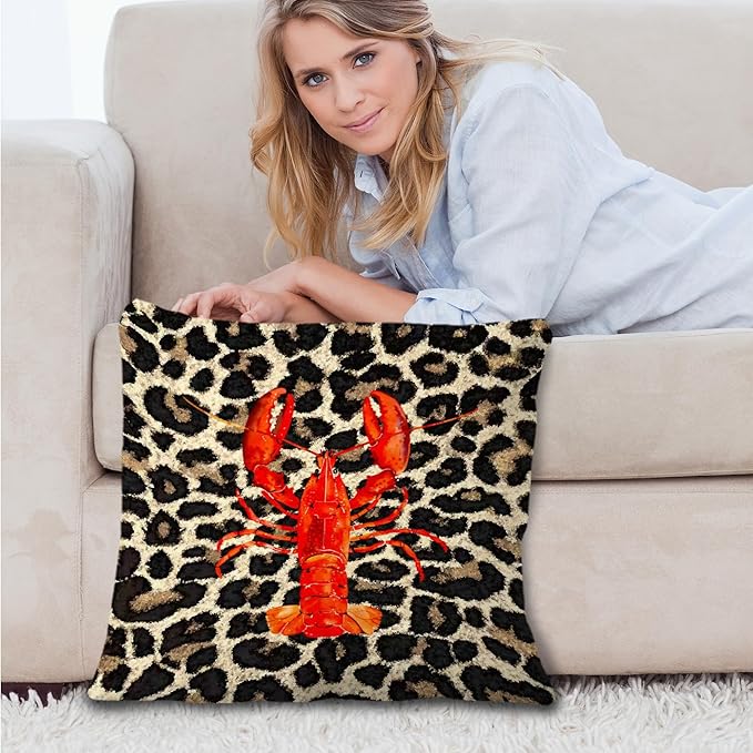 Coastal Leopard Lobster Pillow Covers 18x18, Leopard Print Home Decor, Lobster Decor, Nautical Beach Crawfish Throw Pillow Covers for Home Bedroom Living Room Sofa Couch