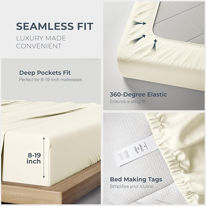 THREAD SPREAD 100% Egyptian Cotton Sheets Queen Size - 1500 Thread Count 4 PC Queen Sheet Set Egyptian Cotton, Sateen Weave Luxury Sheets Queen Size, High Thread Count Sheets, 17" Deep Pocket - Ivory