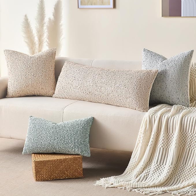 Decorative Couch Throw Pillow Covers 22x22 Beige Striped Soft Wool Pillow Covers Neutral Textured Boho Cushion Covers for Modern Farmhouse Sofa Bedroom Living Room Decor SY011-A22