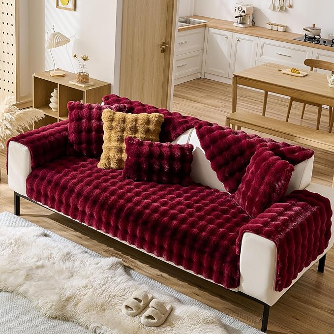 Christmas Faux Fur Couch Cover Fuzzy Soft Plush Thick Bubble Sofa Cover Luxury Sectional Couch Covers Luxury Anti-Slip Sofa Slipcover Washable Furniture Protector (Wine Red,36"x70")