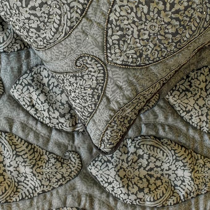 The HomeCentric King/Queen/Twin Grey Decorative King 90"x18" Bed Runner with Pillow Cover, Paisley & Beaded Bed Scarf on Jacquard Fabric - Paisley History