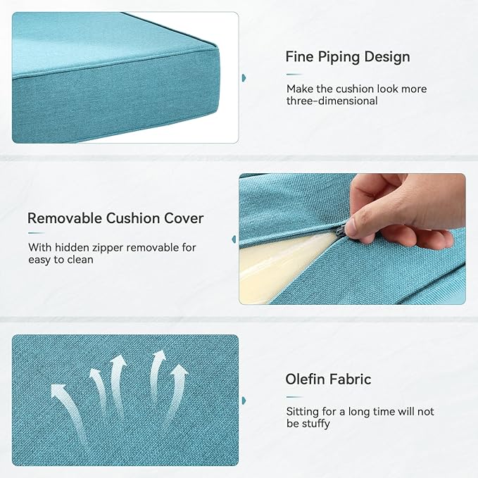 Luxury 6" Outdoor Cushions for Patio Furniture, 24x24x6" Thick Seat Cushion Set of 5, Fade Resistant Couch Chair Replacement Cushions High Density Deep Wicker Chair Cushion w/ Removable Cover, Teal
