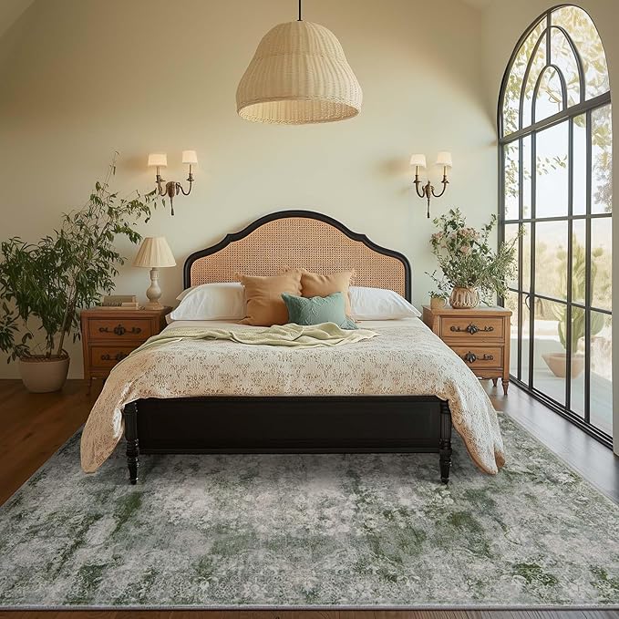 jinchan Washable Area Rug 8x10 for Living Room - Soft Faux Wool Ultra-Thin Stain Resistant Non-Slip Distressed Vintage Floral Large Christmas Carpet for Bedroom Home Office, Nursery(Green, 8'x10')