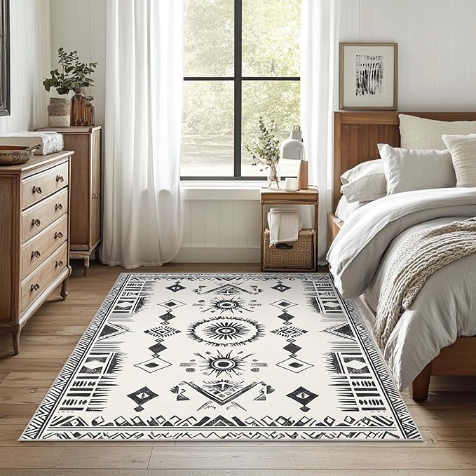 4x6 Western Area Rug Southwestern Tribal Black White Rug Non Slip Low Pile Large Carpet for Home Kitchen Living Room Bedroom Dining Room Office