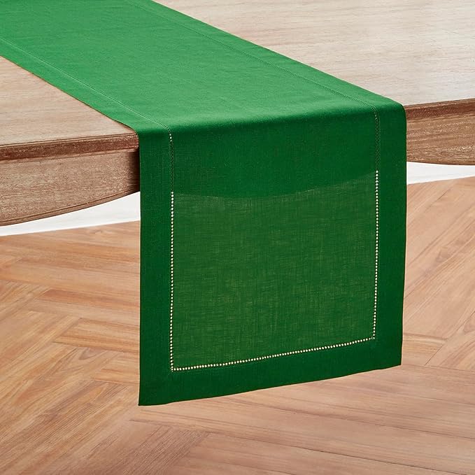 Solino Home Linen Garden Green Table Runner 108 Inches Long - 100% Pure Linen Hemstitch 14 x 108 Inch Table Runner for Dining, Christmas, Winter, New Year - Classic Hemstitch