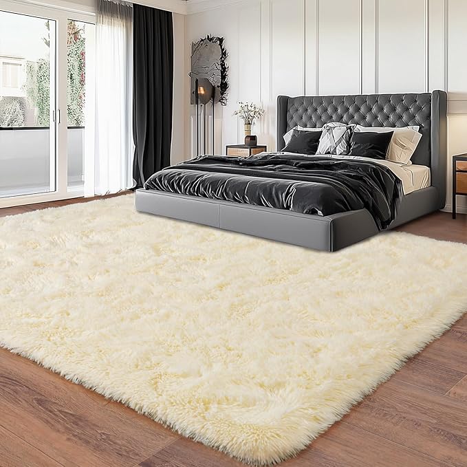 Upgrade Non-Slip Plush Rugs Fluffy Area Rugs for Living Room, Soft Shaggy Carpets for Living Room, Perfect Decor for Modern Home Light Champagne 6x9 Feet