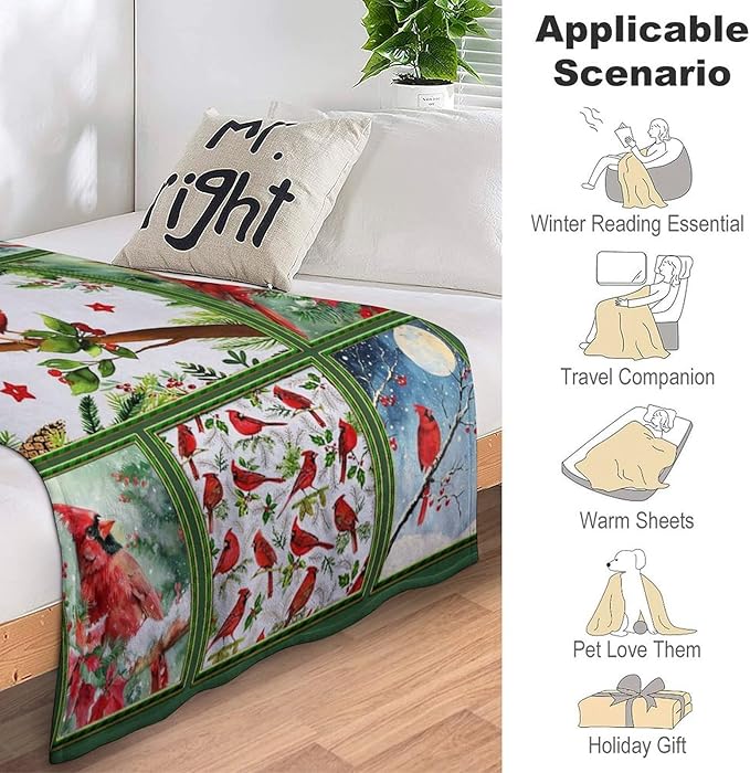 Cardinal Throw Blanket Red Birds Blankets Gifts for Couch Sofa Bed Stuff Decor Lightweight Cozy Fleece Plush Warm Flannel Bedding for Lover Men Women Adults 40"x50"