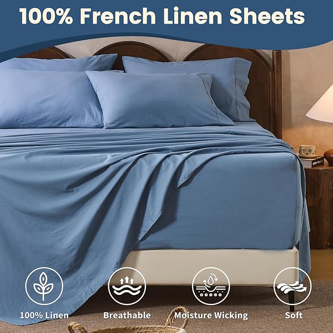 100% Linen Sheet Set King Size Extra Deep Pocket Fits 18-24 Inch Mattress, Breathable & Soft, Smooth 4-Piece Set for Thick Mattresses Hotel Luxury Bedding（King, Dusty Blue）