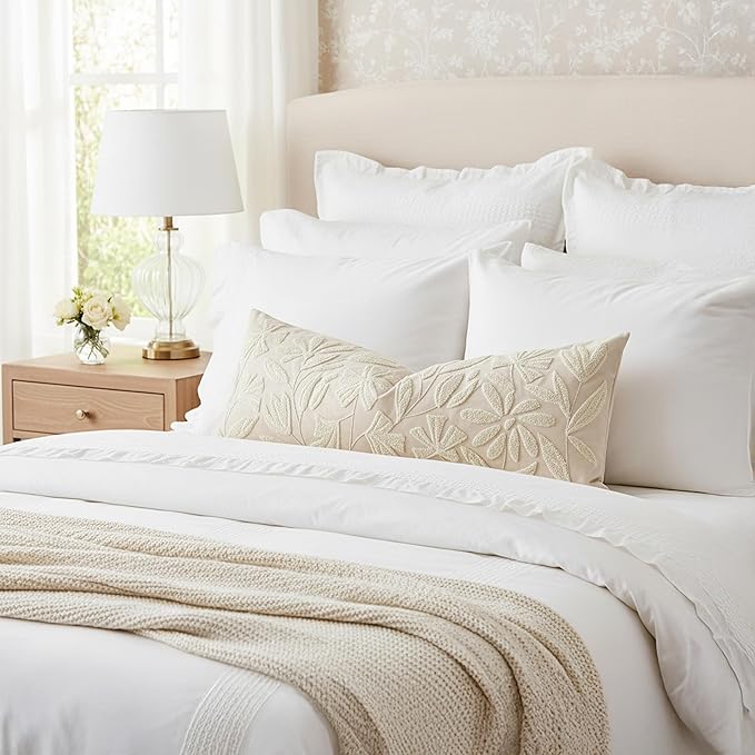 BlissBlush Light Beige Velvet Decorative Long Lumbar Pillow Cover 14x36, Neutral Floral Soft Body Pillow for Bed, Accent Lumbar Throw Pillow for Bedroom, Modern Farmhouse Textured Pillowcase